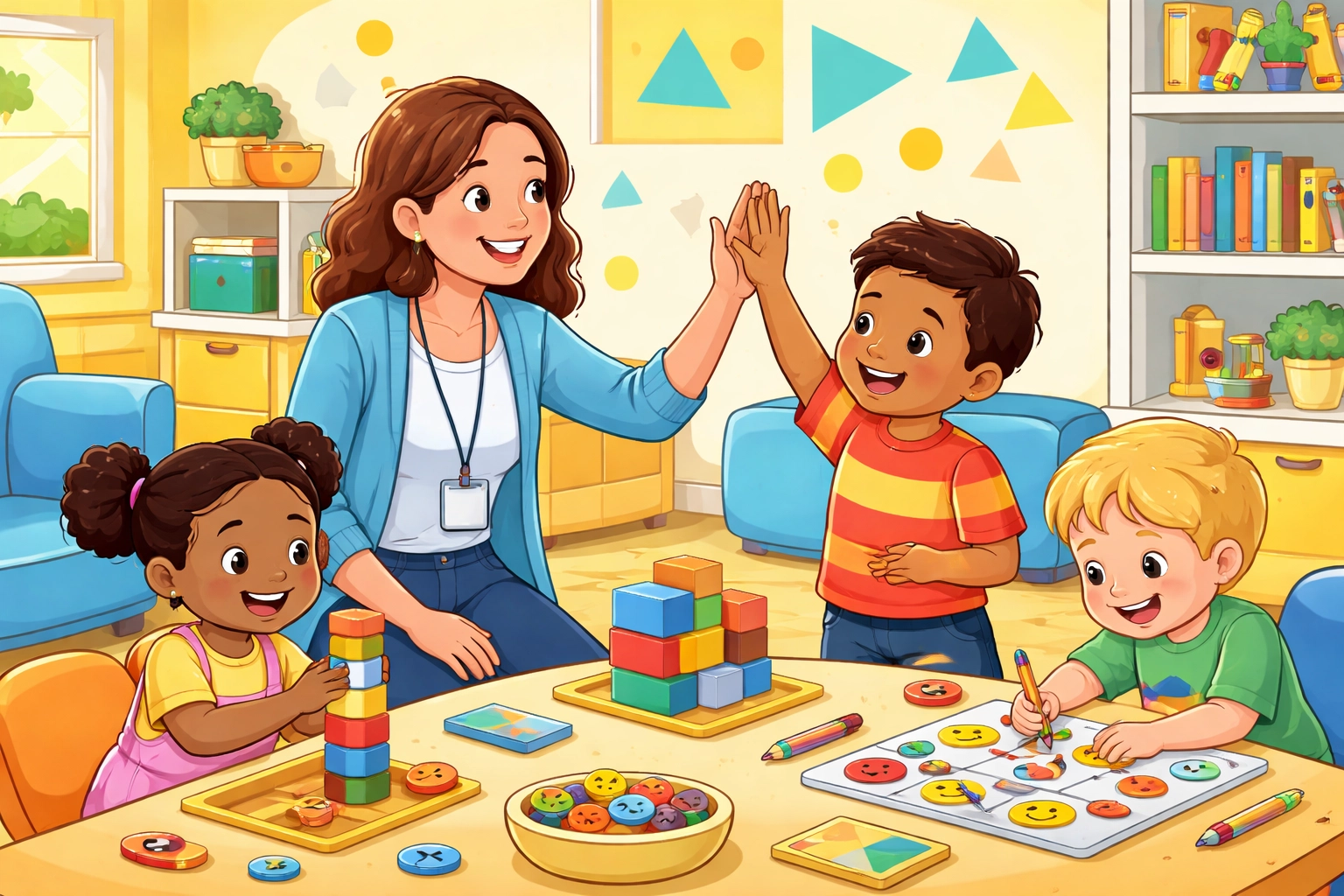 Terapeuta latina y niños en terapia ABA celebrando el aprendizaje en un ambiente educativo alegre y diverso