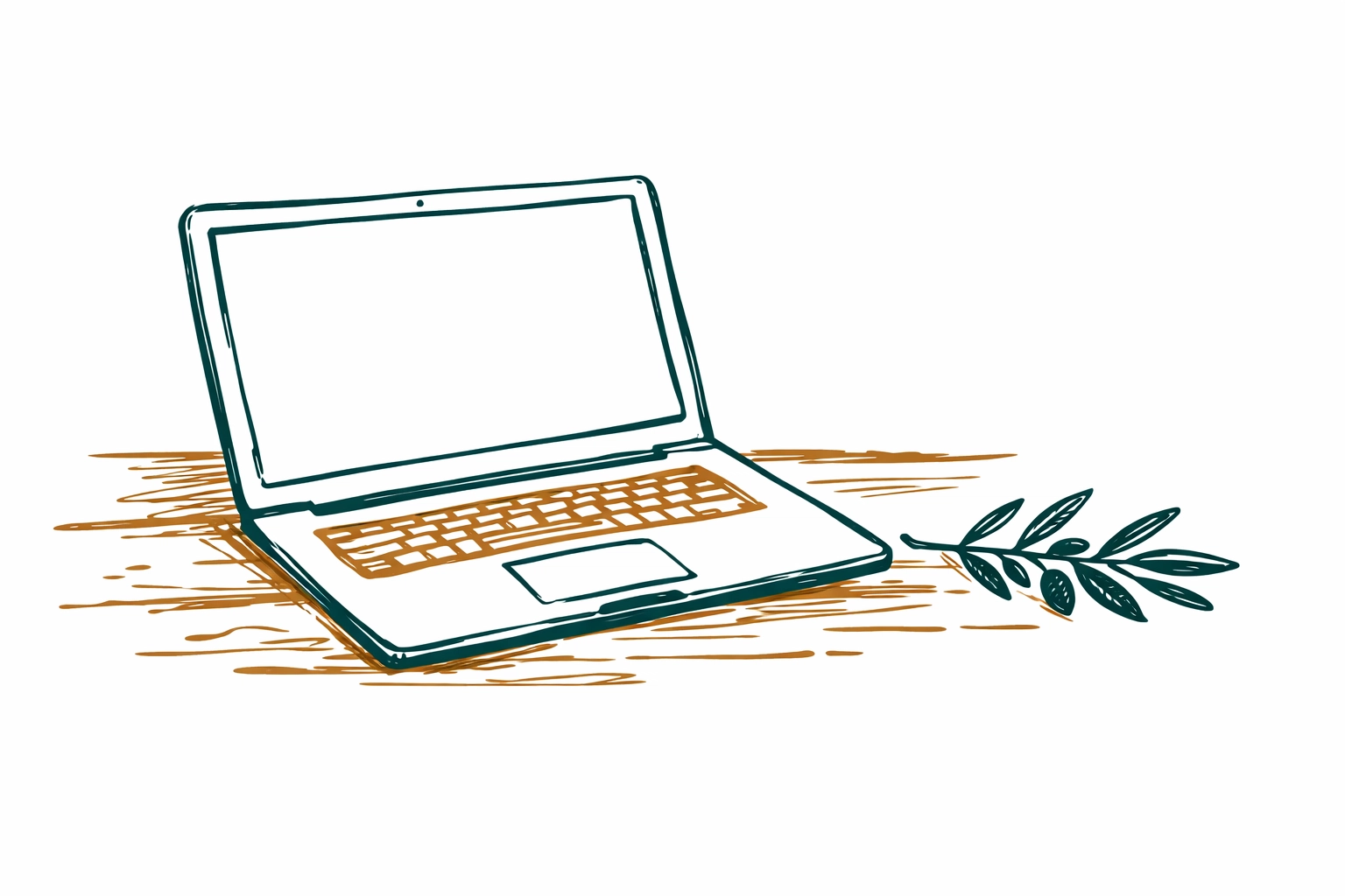 Ordinateur portable sur table en bois avec olivier, symbolisant le télétravail sur lieu de vacances.