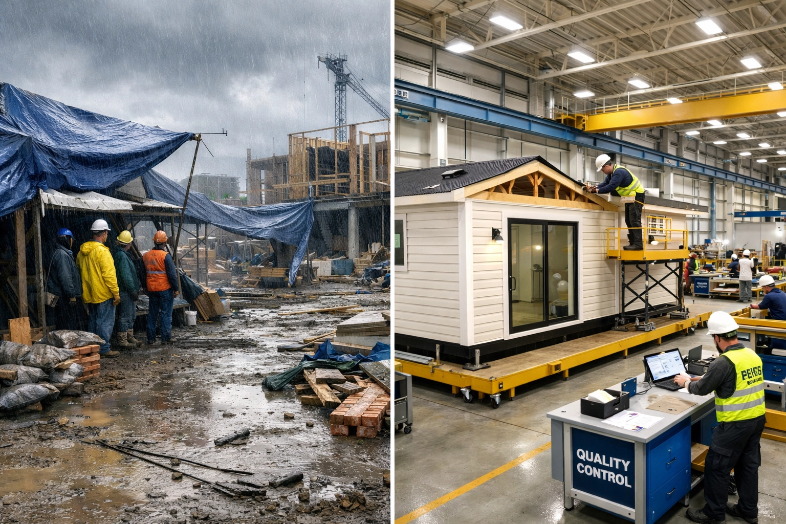 Side-by-side comparison of traditional muddy construction site versus clean prefab factory assembly