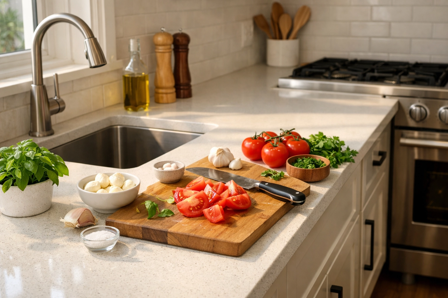 Spacious kitchen counter between sink and range with fresh ingredients for meal prep