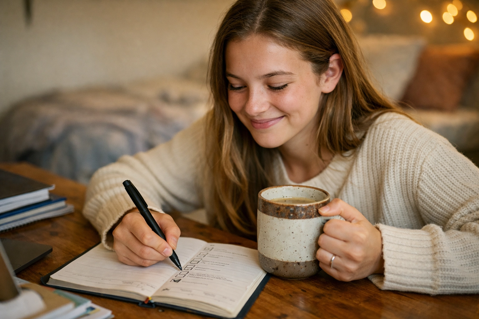 A teen feeling relief after finishing homework—checking off a planner in a cozy, real-life space