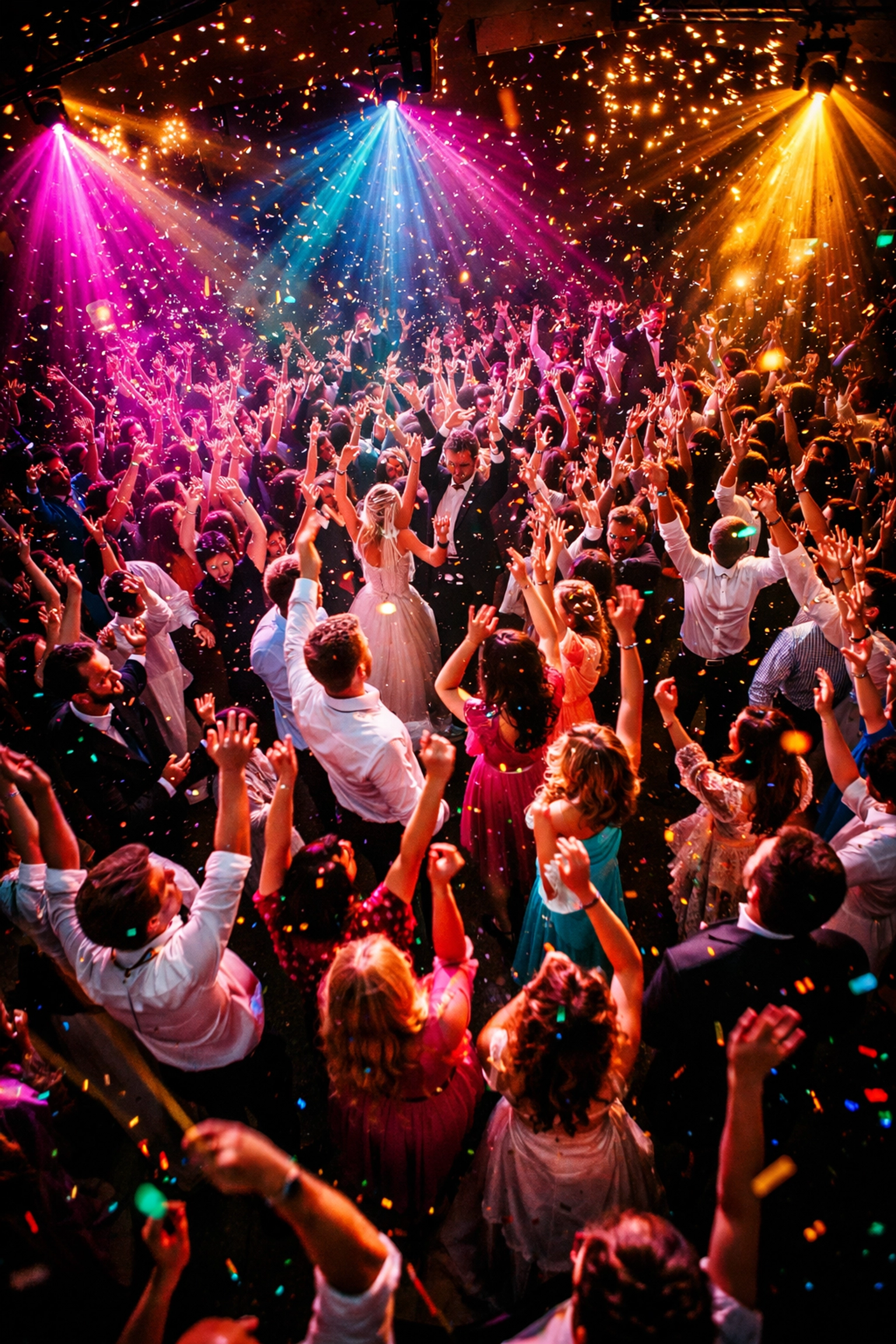 Aerial view of joyful wedding guests dancing under colorful lights, representing the unforgettable experience of a well-curated reception playlist.