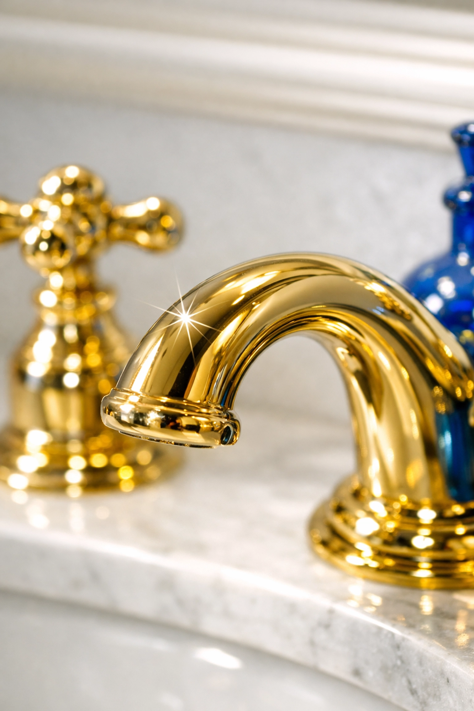 Detail of a polished gold faucet and quartz vanity after a professional luxury house cleaning in Weston.