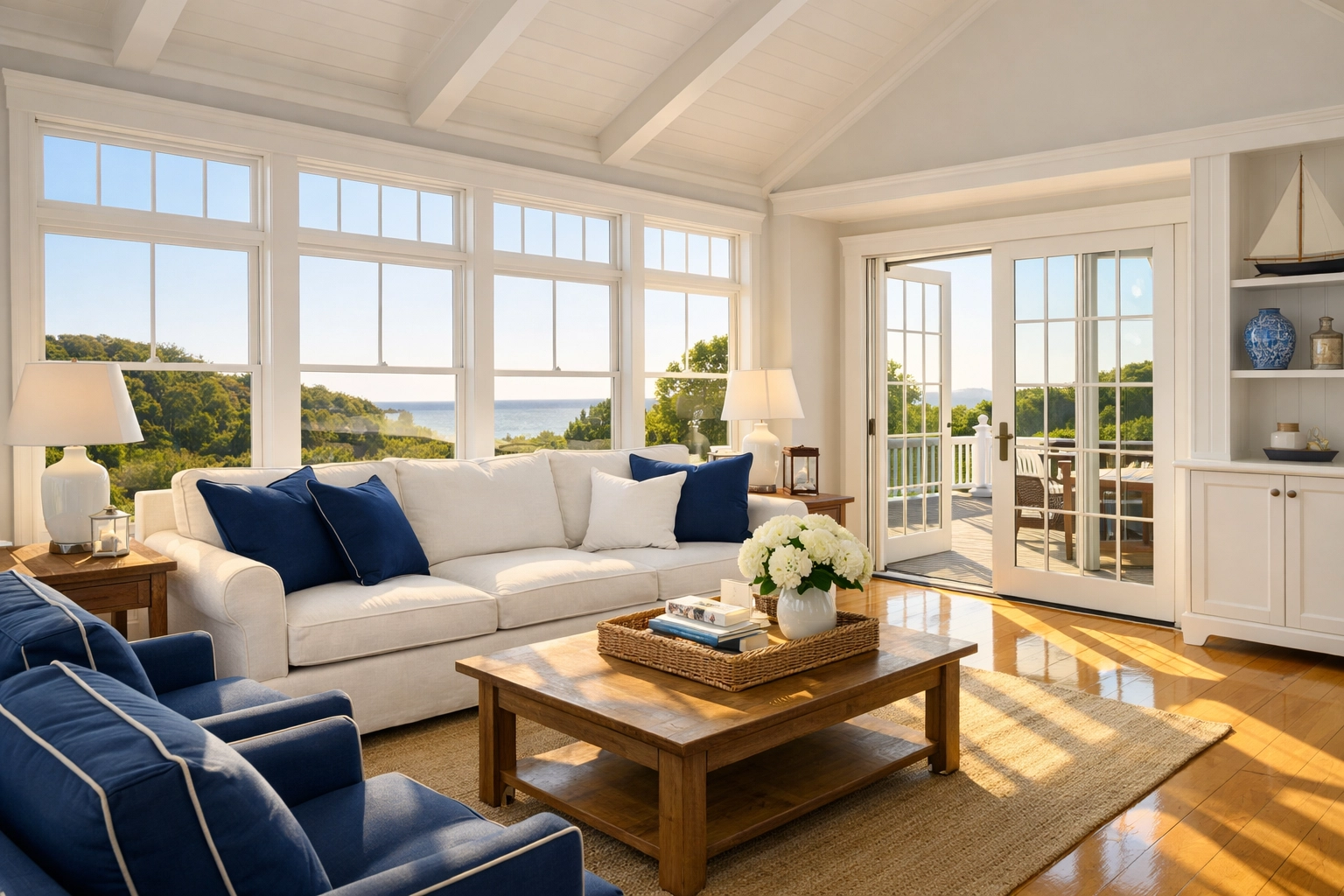A sparkling clean living room in Yarmouth MA with sun-drenched floors after a professional deep clean.