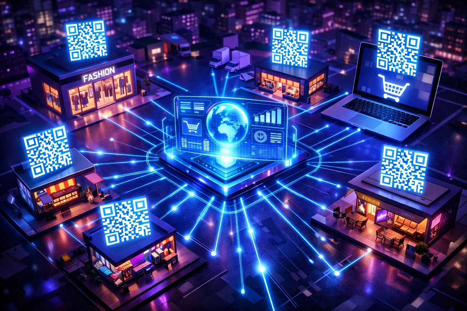 Multi-location retail network with QR code POS system and centralized payment management