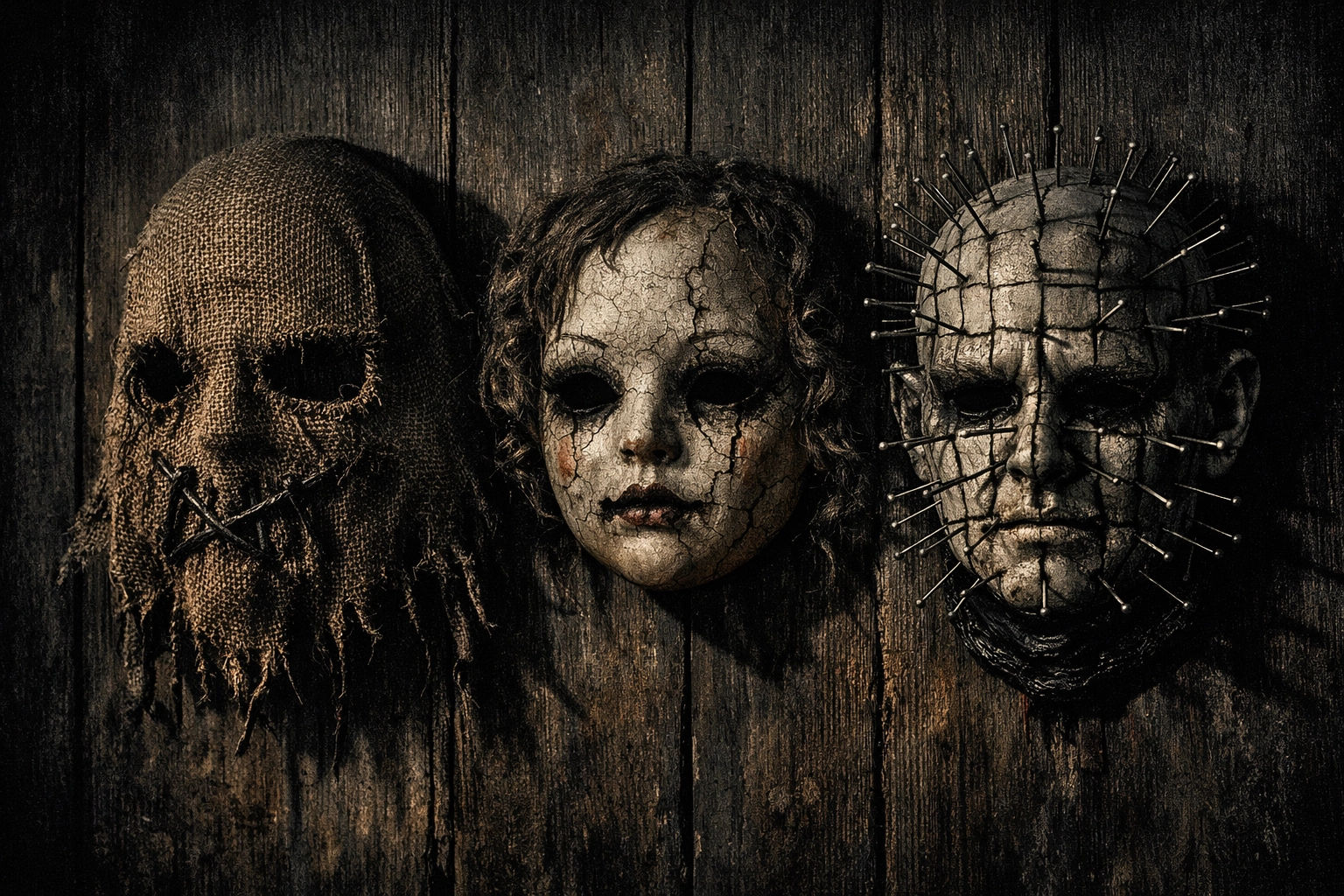 Creepy masks on wall from The Strangers Chapter 3 horror franchise