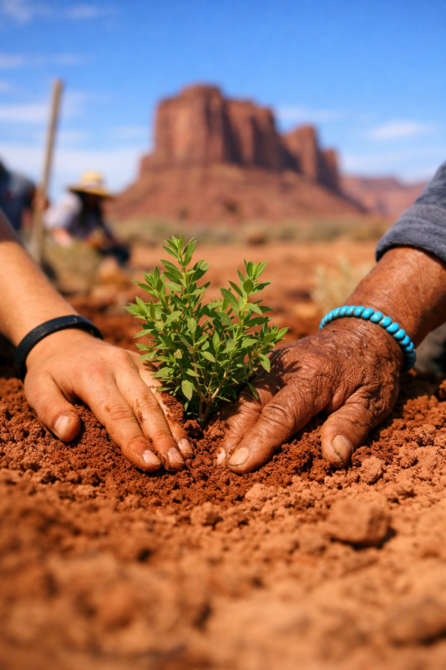 A student and Navajo community member planting native shrubs together during a service project in the Southwest.