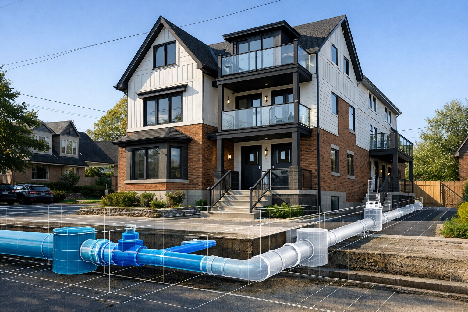 Ontario suburban home undergoing multi-unit conversion with underground utility line overlay for site servicing.