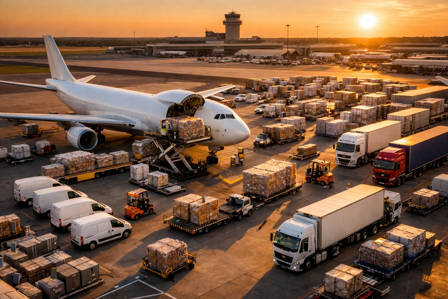 Manchester Airport cargo operations with aircraft and freight trucks for multi-modal logistics