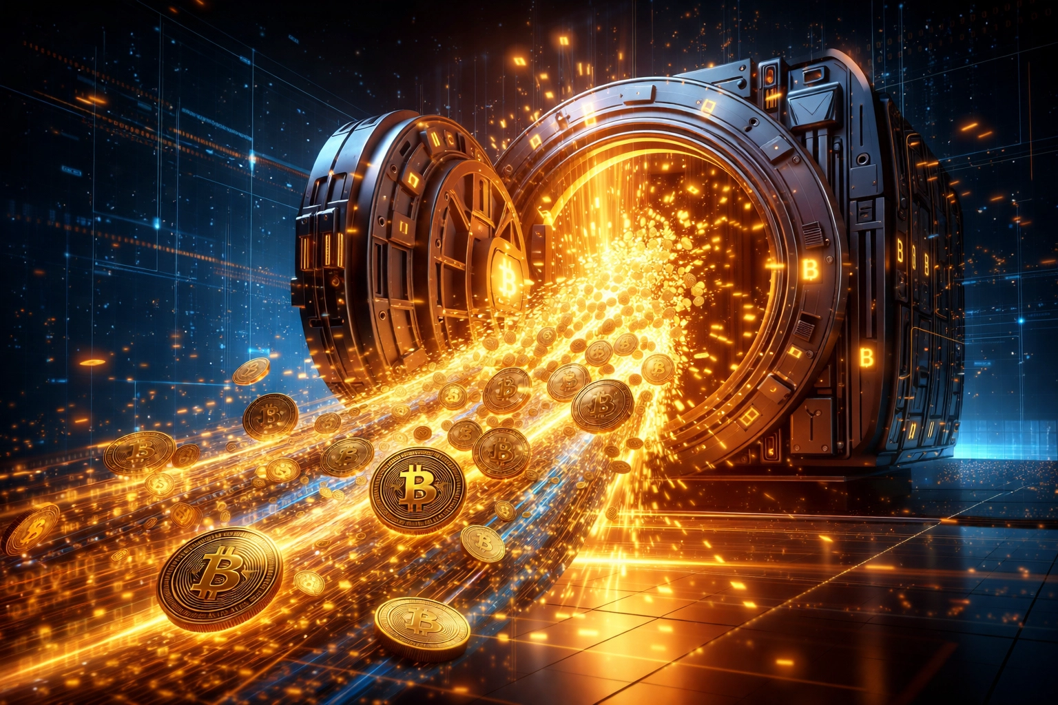 A secure vault opening with streams of cryptocurrency, symbolizing self-custody and financial sovereignty for merchants using Larecoin.