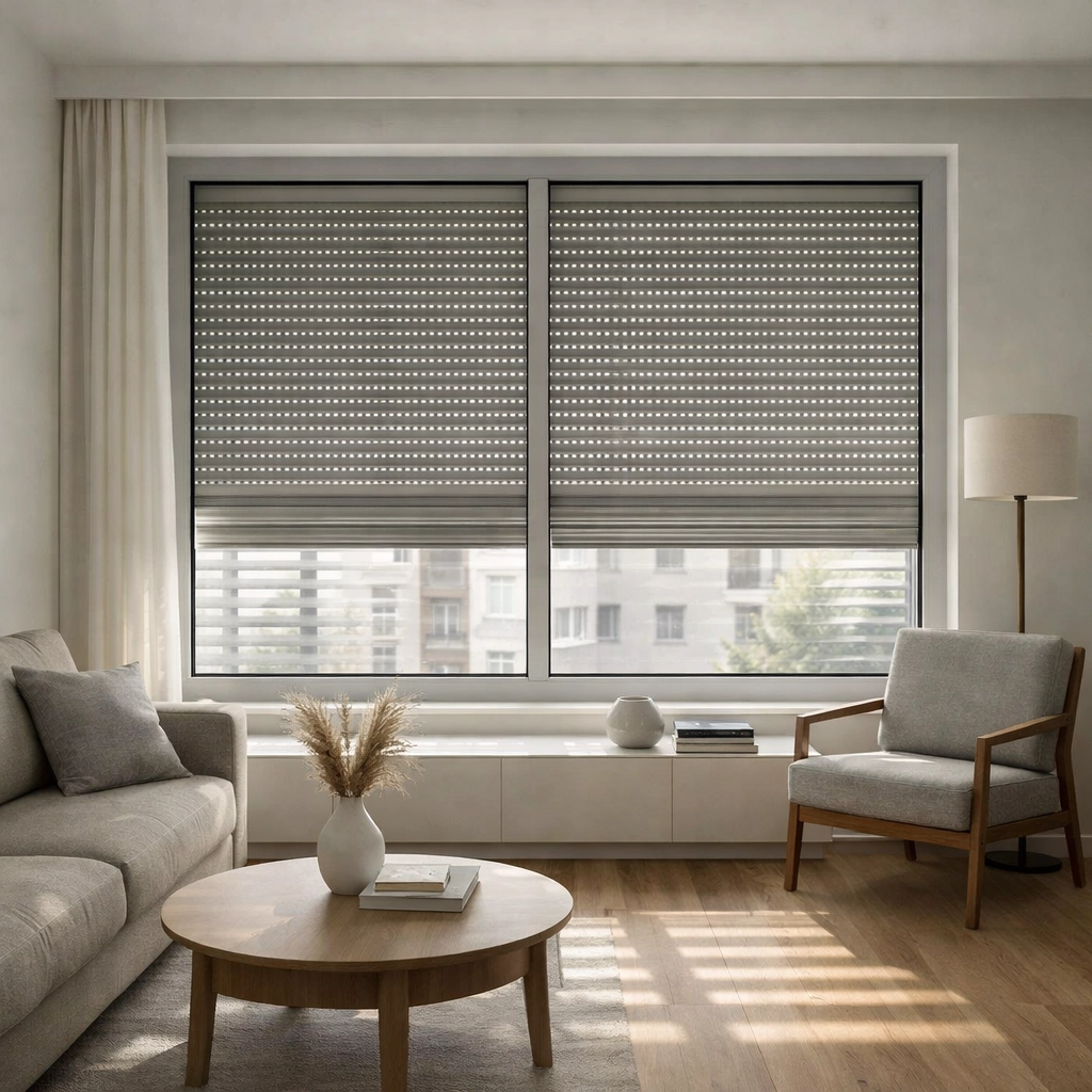 Wohnraum mit teilweise geschlossenem Rollladen Wien - natürliche Lichtkontrolle und Energieeffizienz