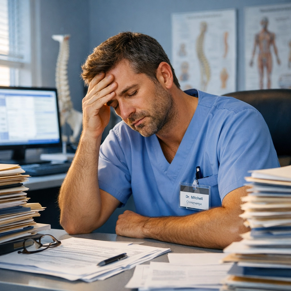 Tired chiropractor overwhelmed by patient documentation and paperwork at end of workday