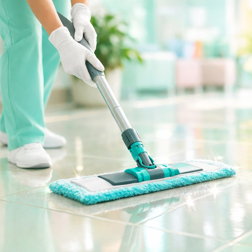 Professional commercial cleaner using a microfiber mop to clean salt off office tile floors.