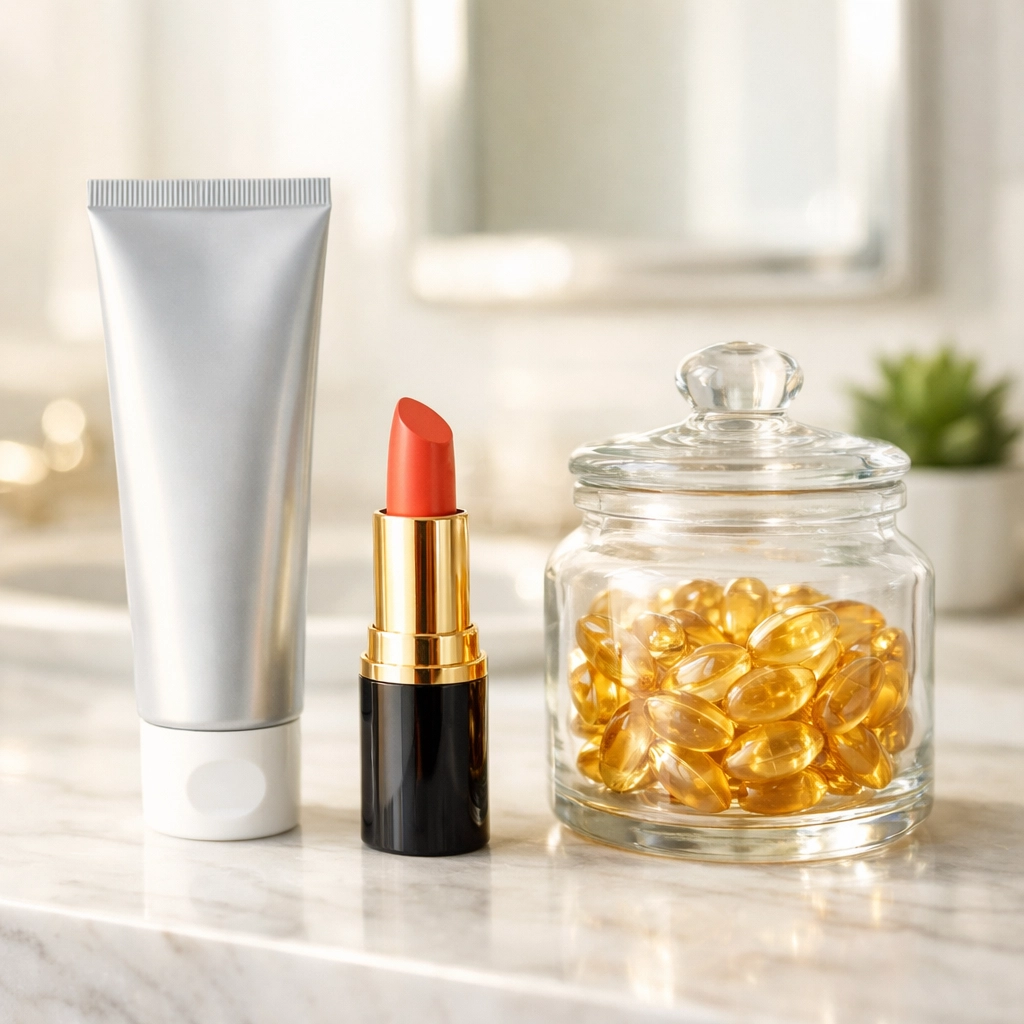 Gluten-free toothpaste and lipstick on a vanity, highlighting essential oral care for Hashimoto’s and Celiac.