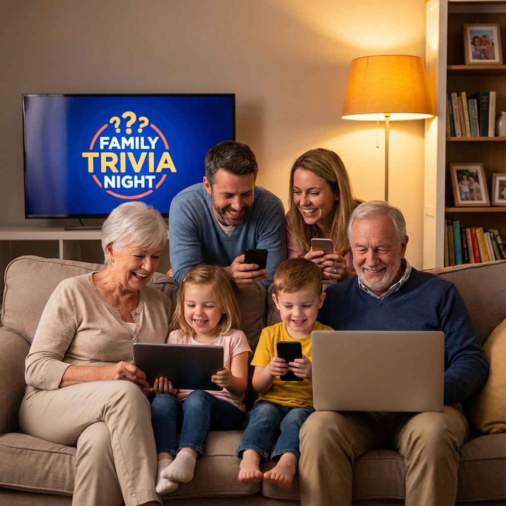 A family sat on the sofa playing an online quiz on a laptop, tablet, and smart phone.