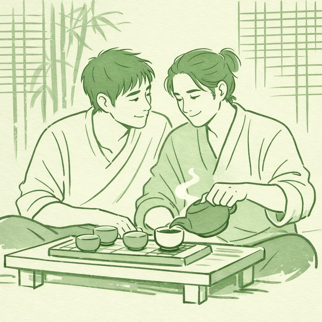 Two Asian men sharing intimate moment during Vietnamese tea ceremony - gay romance illustration