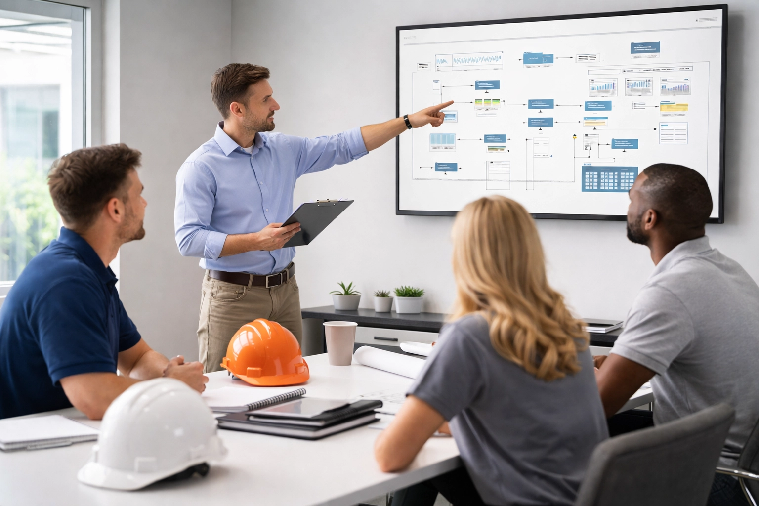 Construction team meeting in office with workflow diagram, showing team buy-in for contractor CRM.