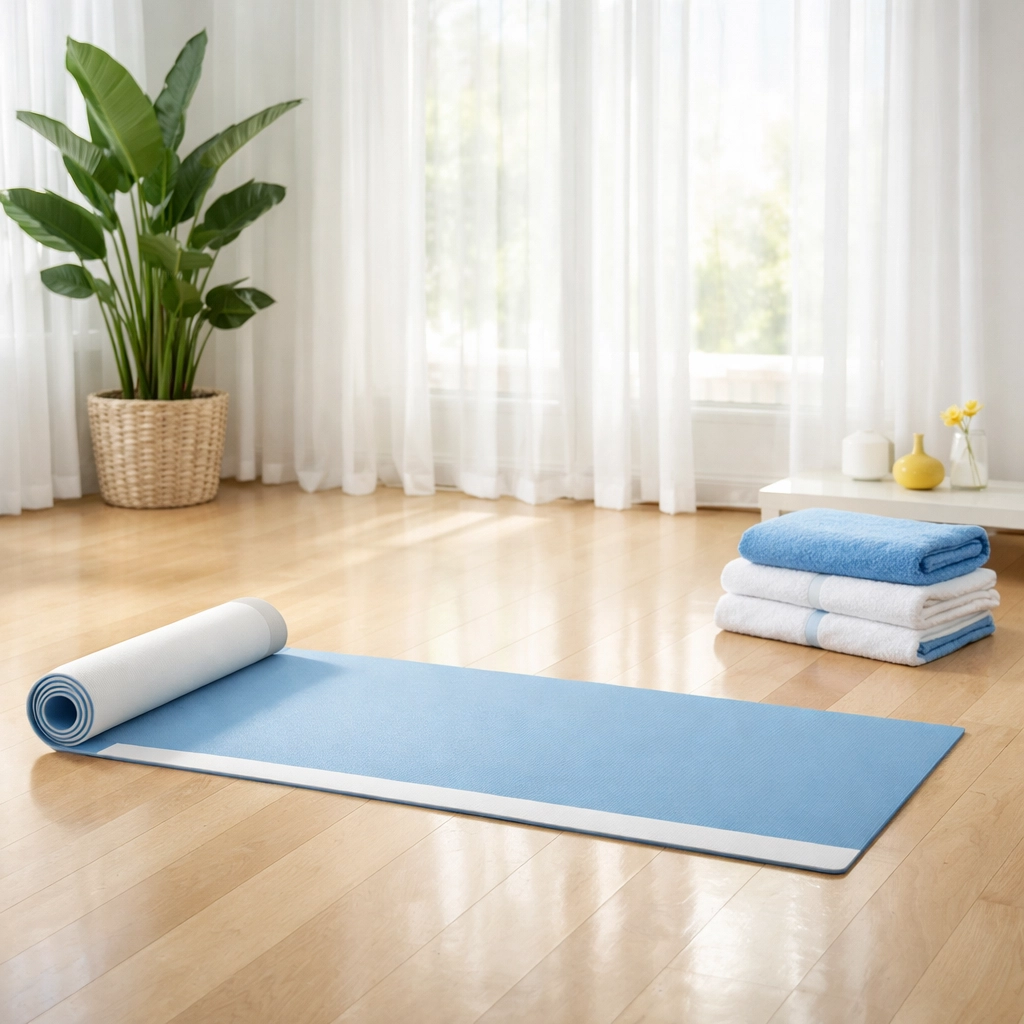 Yoga mat unrolled in a sun-drenched home studio after weekly house cleaning.