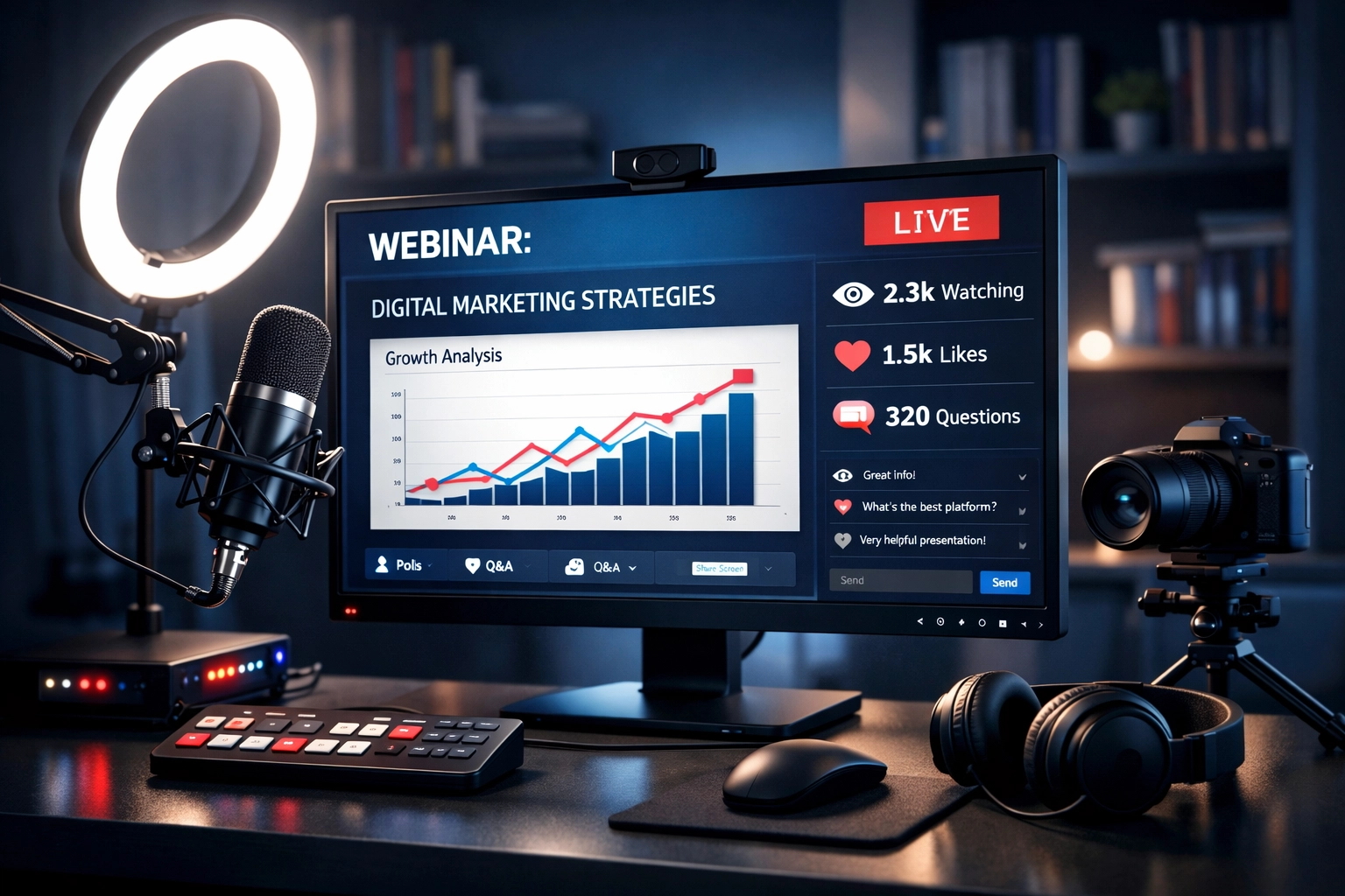 Professional webinar setup with streaming equipment for virtual lead generation events