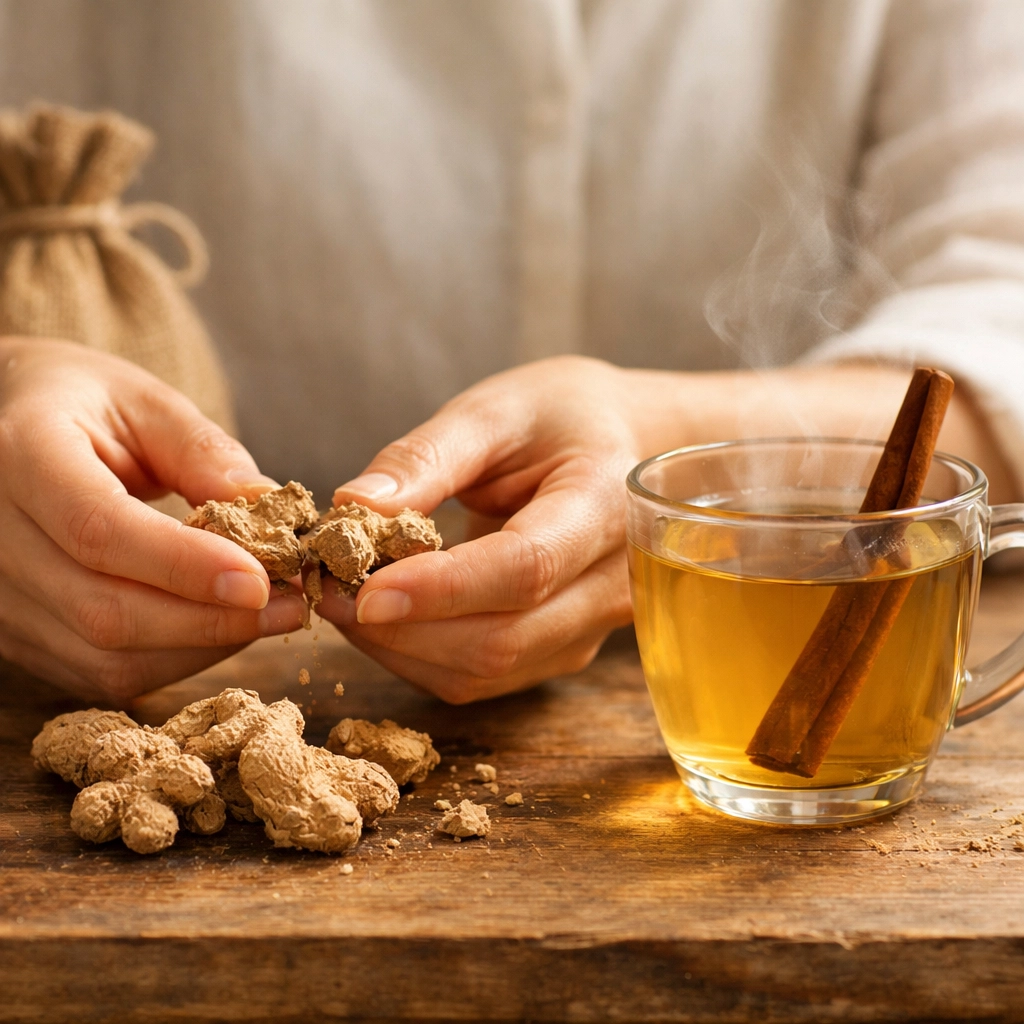 Hands breaking dried Kerala ginger next to a warm herbal tea with a cinnamon stick for digestive health.