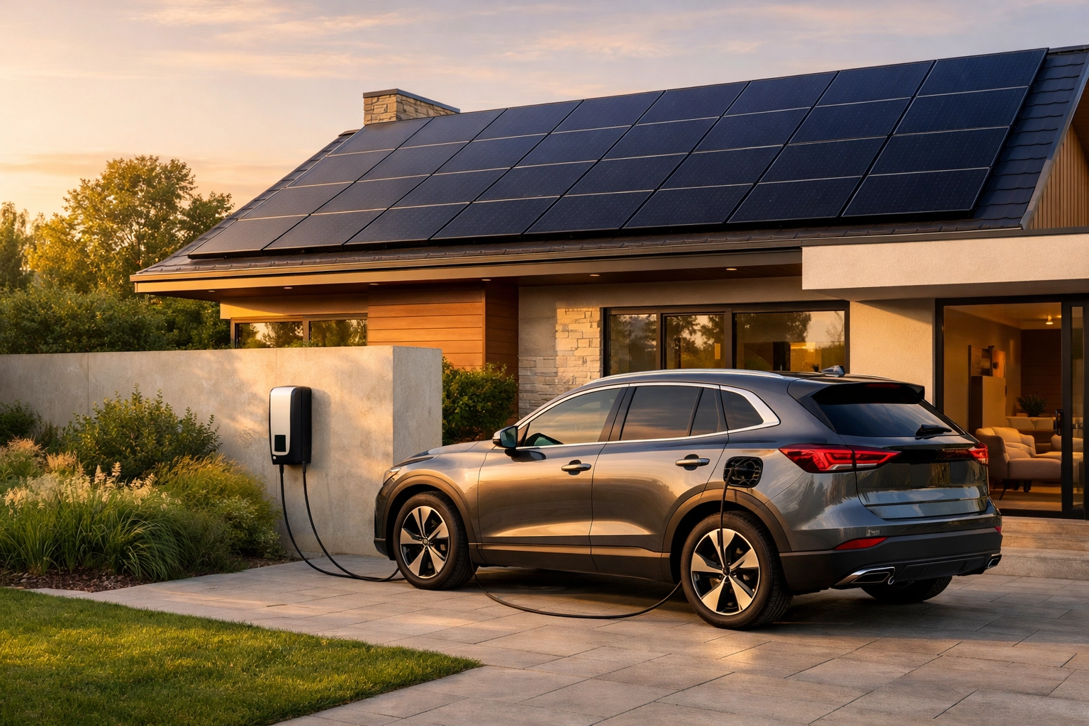 Modern eco-friendly home with solar panels charging an electric vehicle on a driveway.