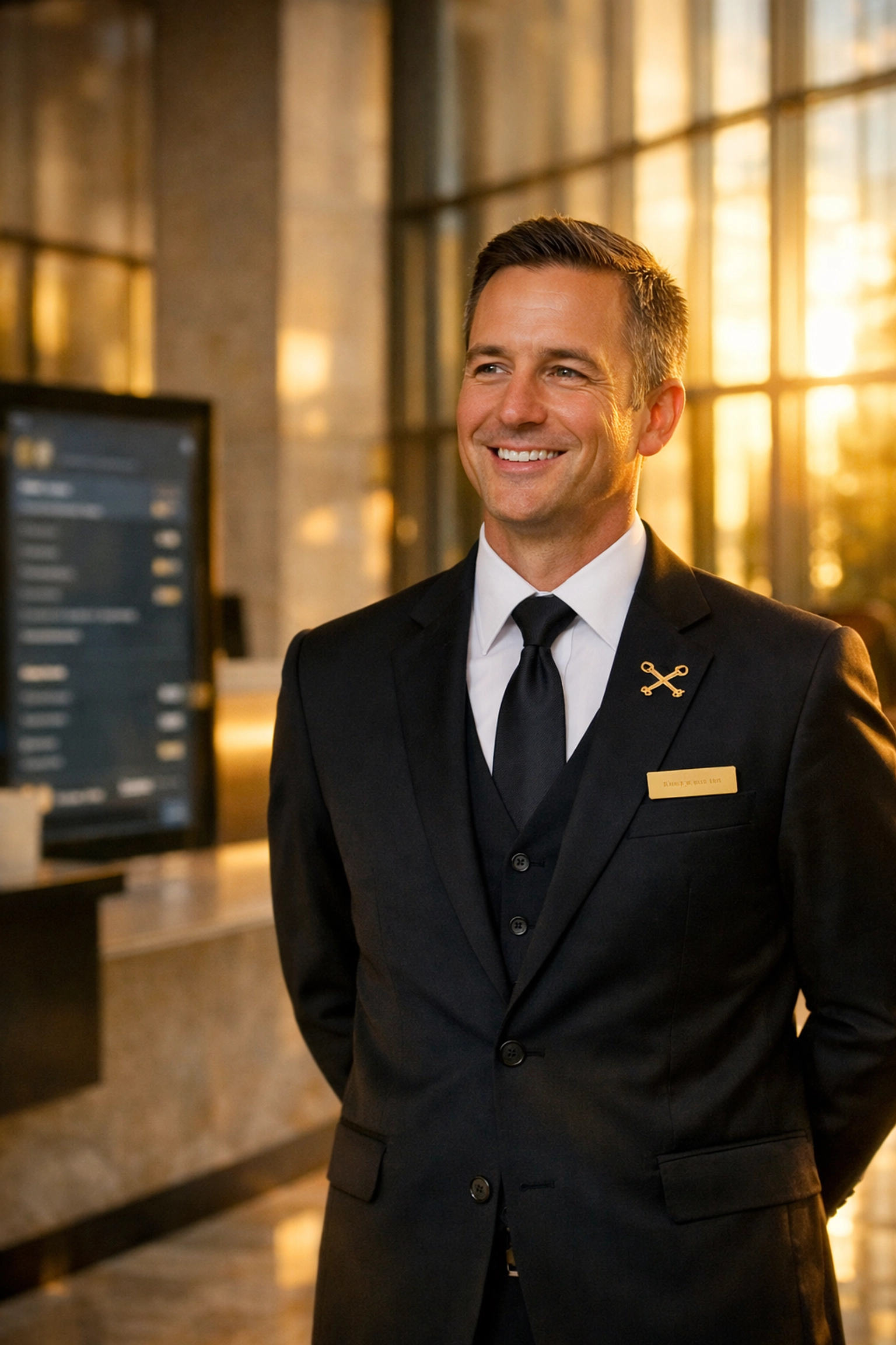 Welcoming hotel concierge providing personalized service in a lobby, enabled by efficient background automation.