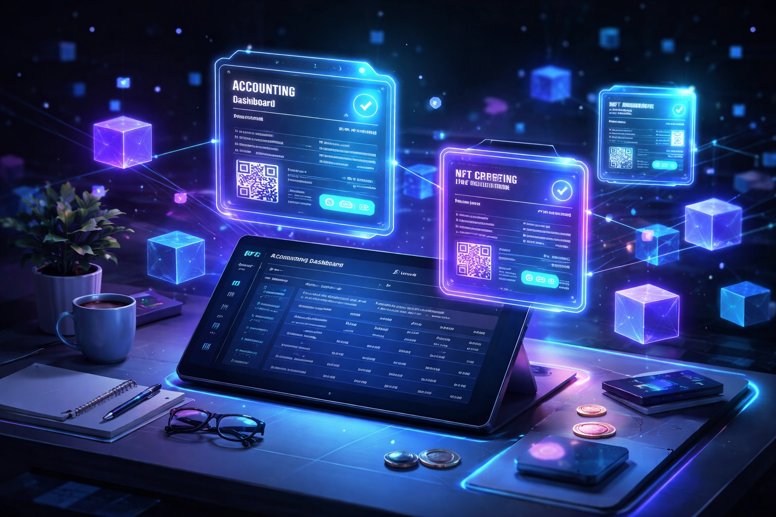 Digital accounting dashboard with NFT receipts and blockchain verification, illustrating crypto POS system benefits for small business accounting.