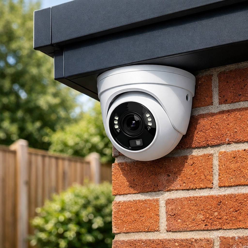 Professional CCTV installation in Chippenham featuring a modern white home security camera mounted on a brick wall.