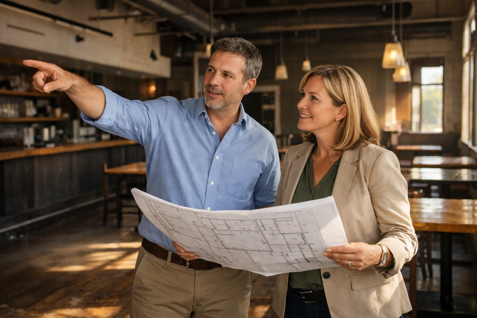 Restaurant consultants reviewing plans during feasibility site visit