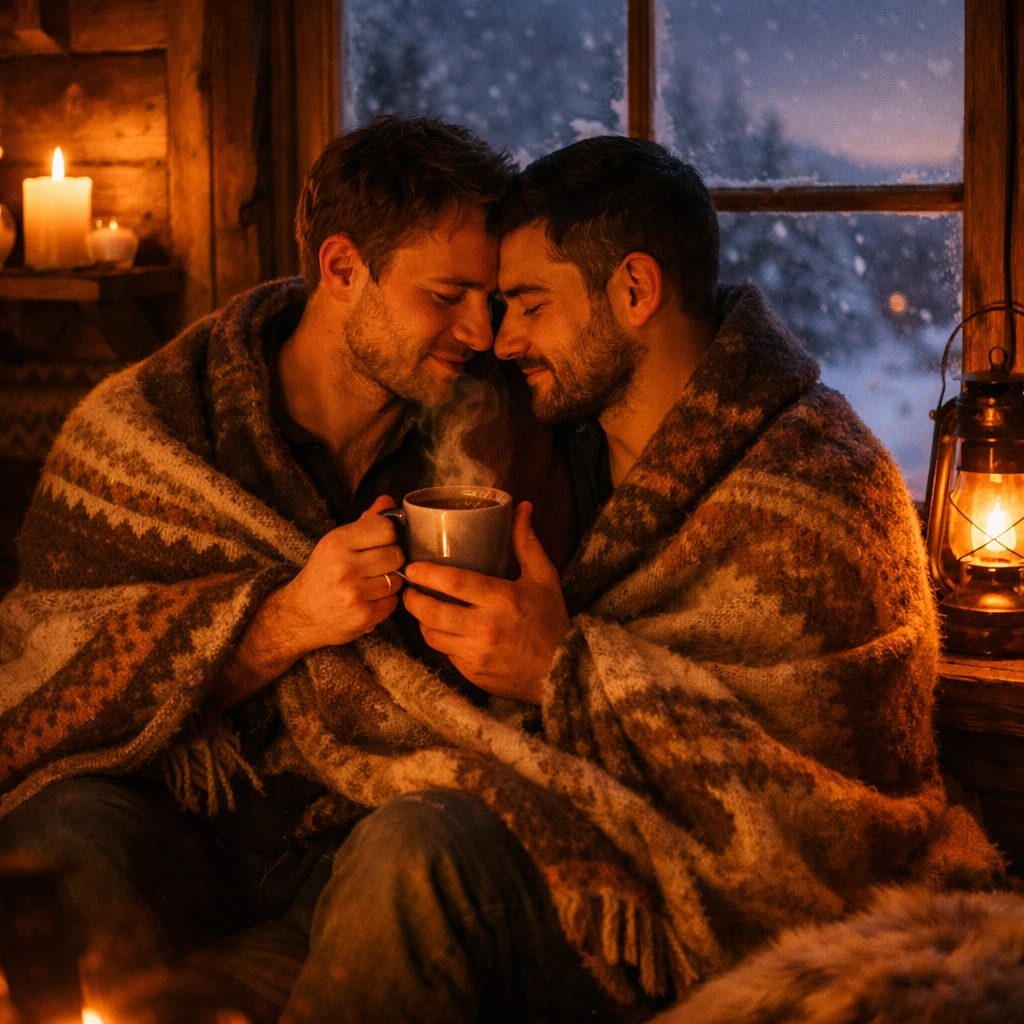 Two men sharing a romantic coffee in a snowy wooden cabin, a classic setting for MM romance book tropes.