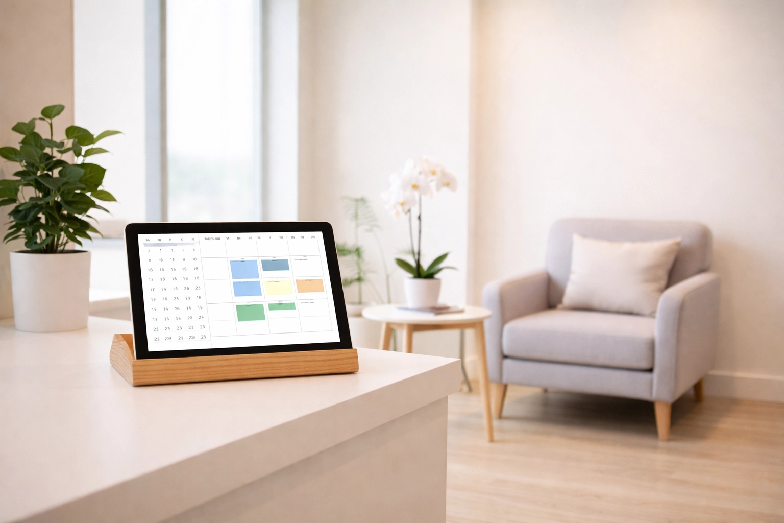 Modern office reception with digital appointment scheduling, supporting efficient ERO client intake