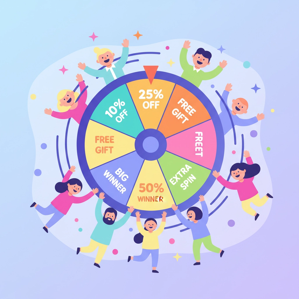 Step-by-step flow diagram: trigger → wheel spin → email capture → coupon reveal → checkout; clean flat icons and soft gradients, purple-blue palette