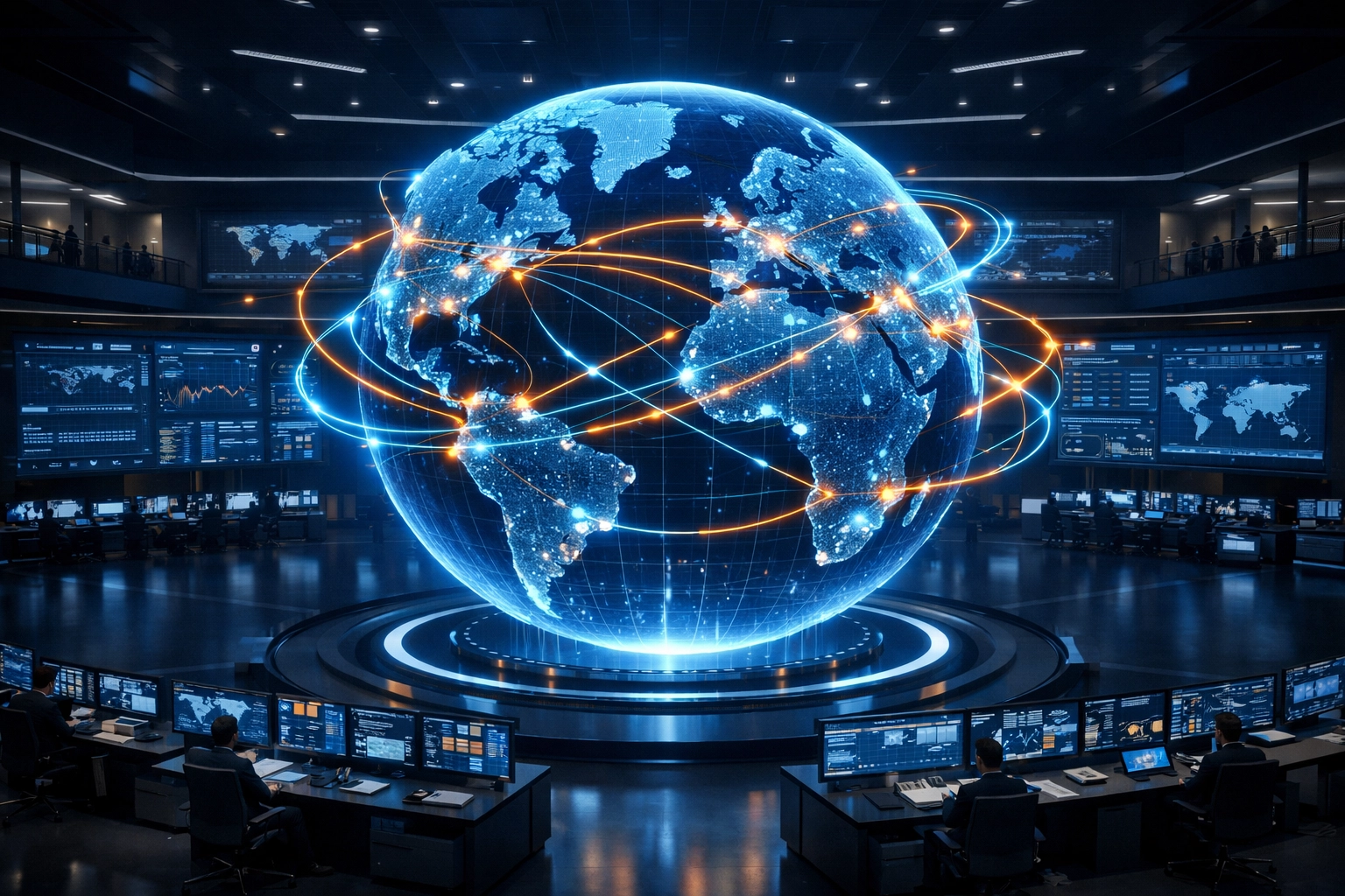 KI in der Logistik: Ein digitales Kontrollzentrum visualisiert globale Lieferketten in Echtzeit.