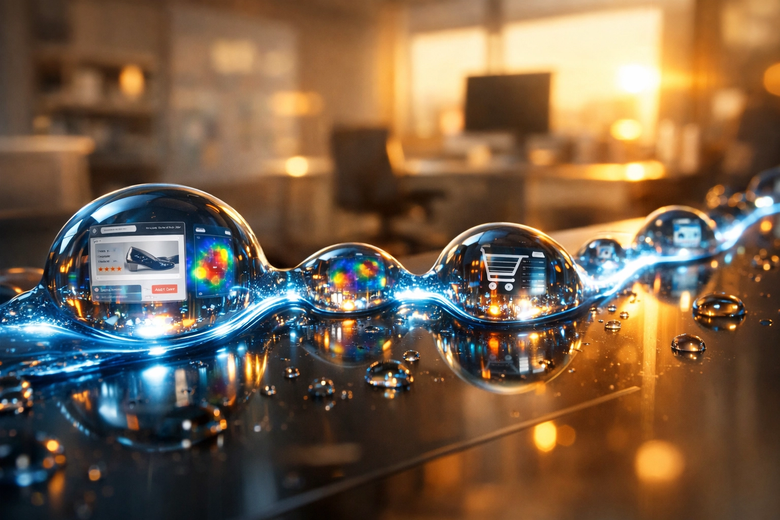 Glowing liquid data droplets visualizing user behavior maps and digital marketing analytics ROI.