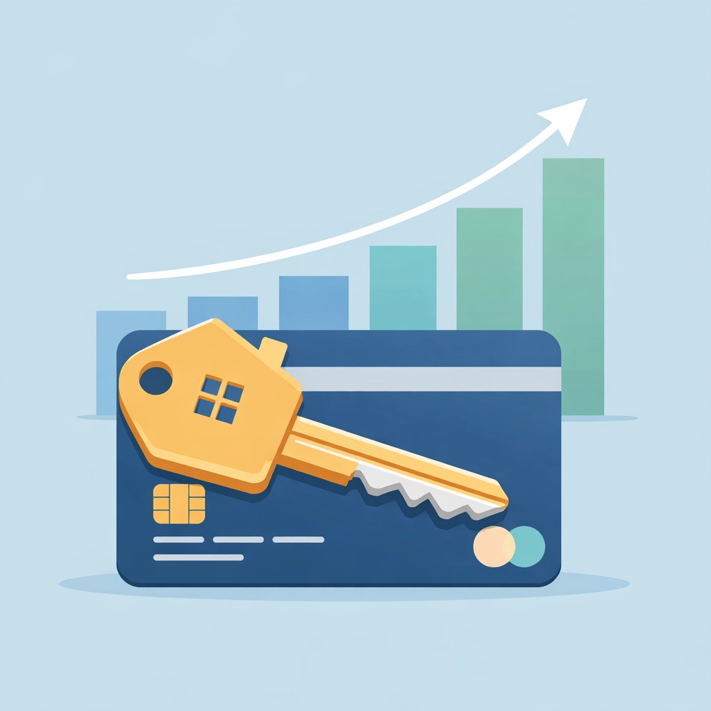 Llave de casa sobre tarjeta de crédito y gráfica ascendente para mejorar el crédito hipotecario.