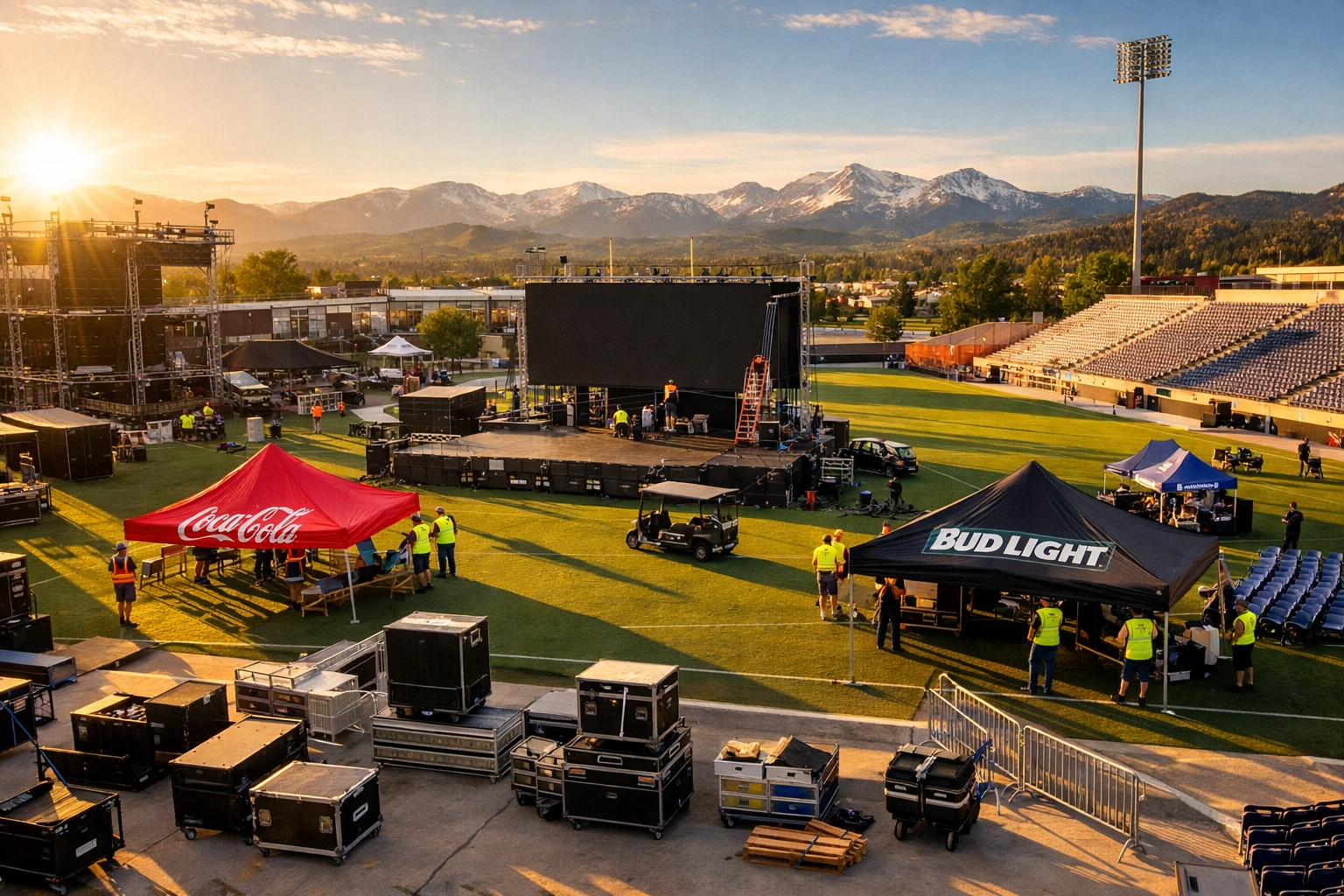 Outdoor sports venue setup with branded activation tents and digital signage installation in progress