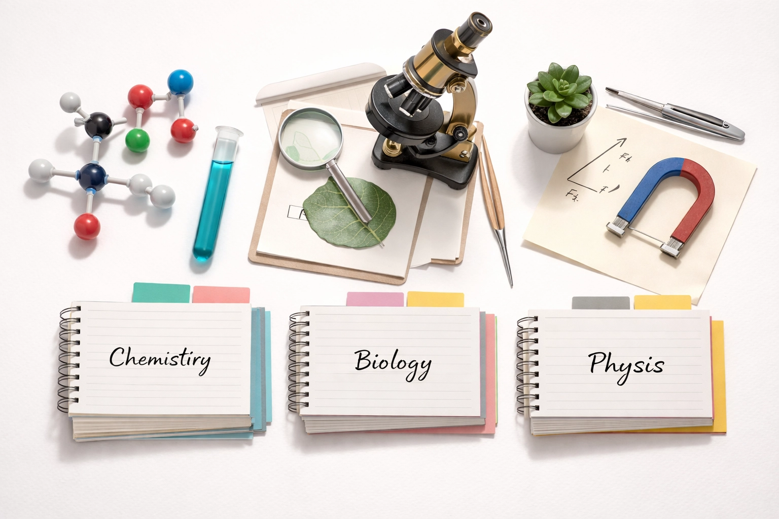Expert-led science teaching concept with Chemistry, Biology, and Physics materials on a clean workspace.