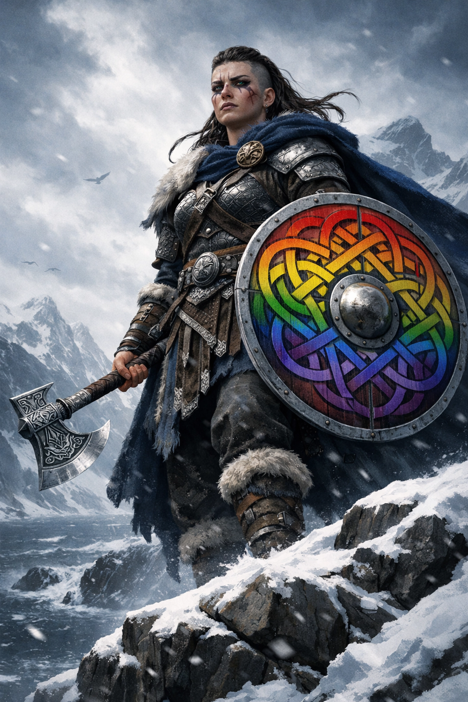 A non-binary Viking warrior with a shield on a snowy cliffside, representing gender fluidity in LGBTQ+ history.