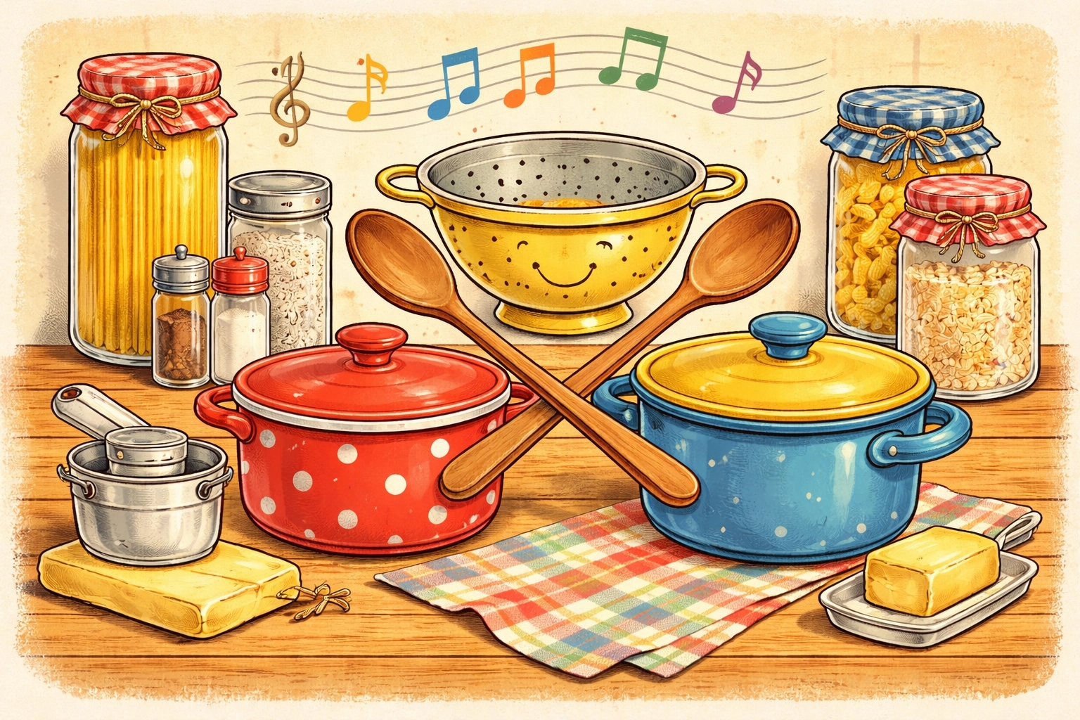 A vintage-style illustration of a kitchen countertop with pots, pans, spoons, and kitchen items as musical instruments for a homemade orchestra.
