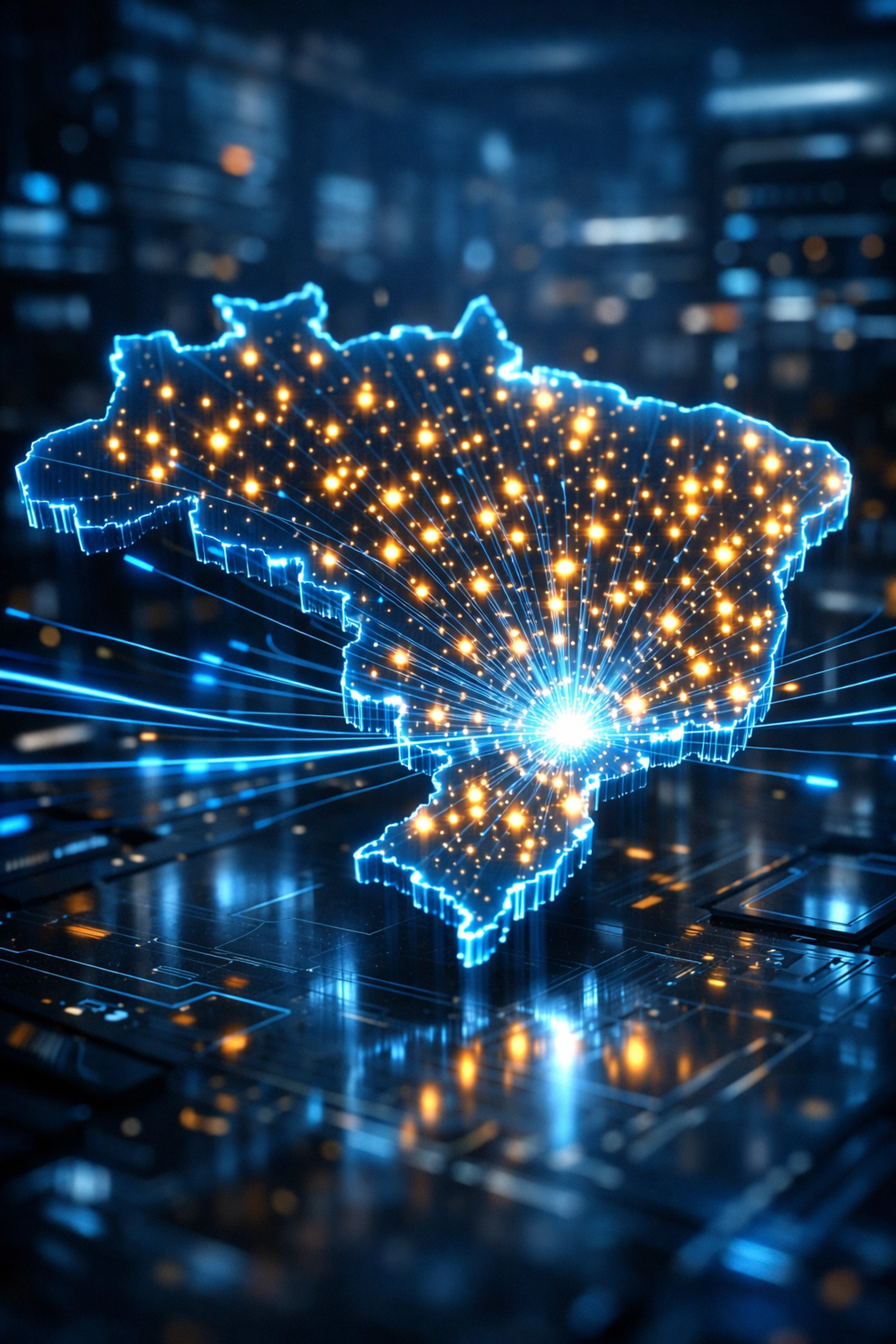 Mapa digital do Brasil mostrando a detecção de novos CNPJs para prospecção B2B rápida.
