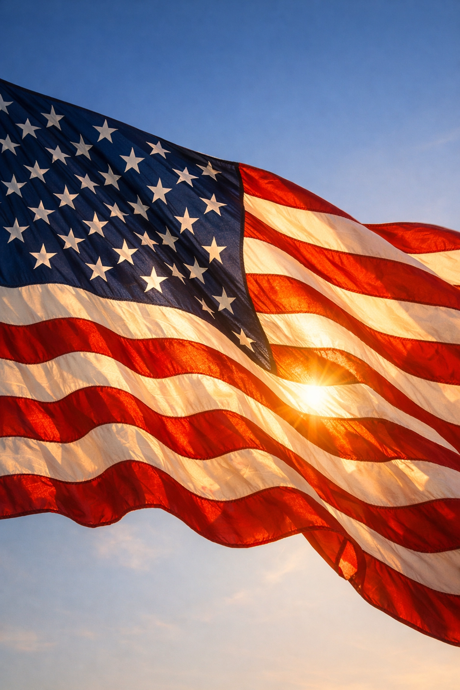 American flag waving against blue sky symbolizing liberty and justice founding ideals