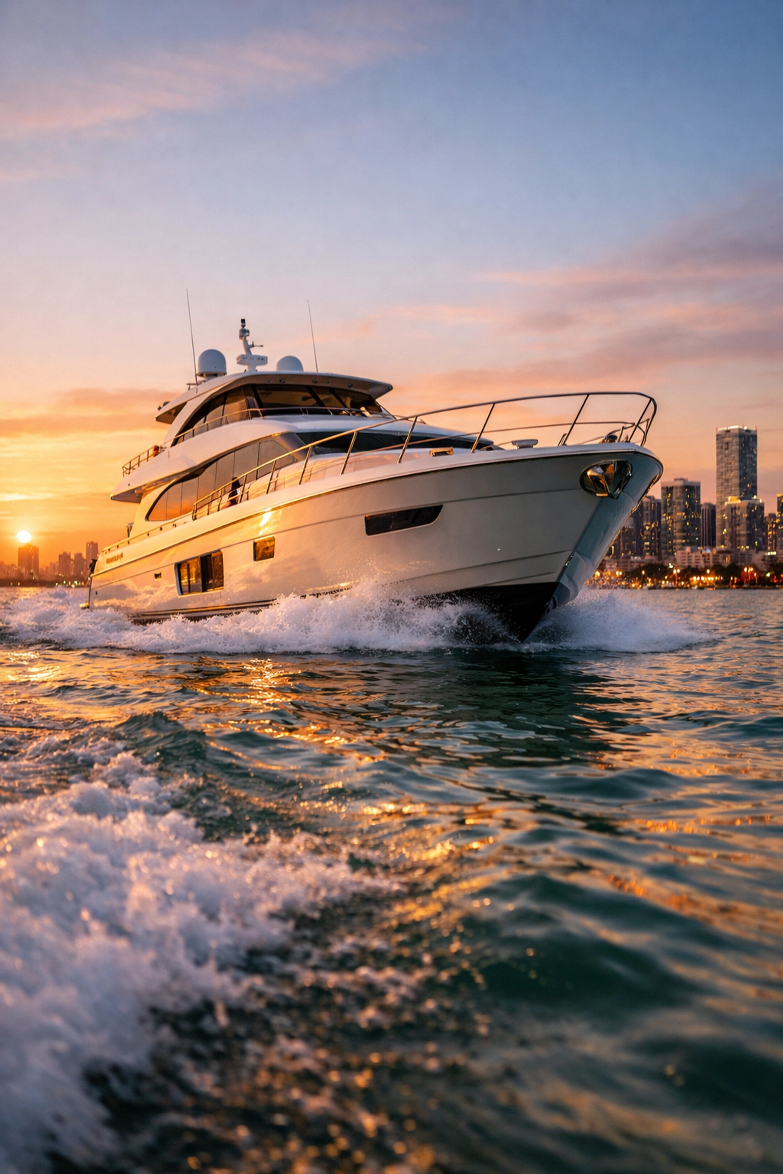 Luxury yacht lifestyle brand photography in Miami's Biscayne Bay during golden hour.