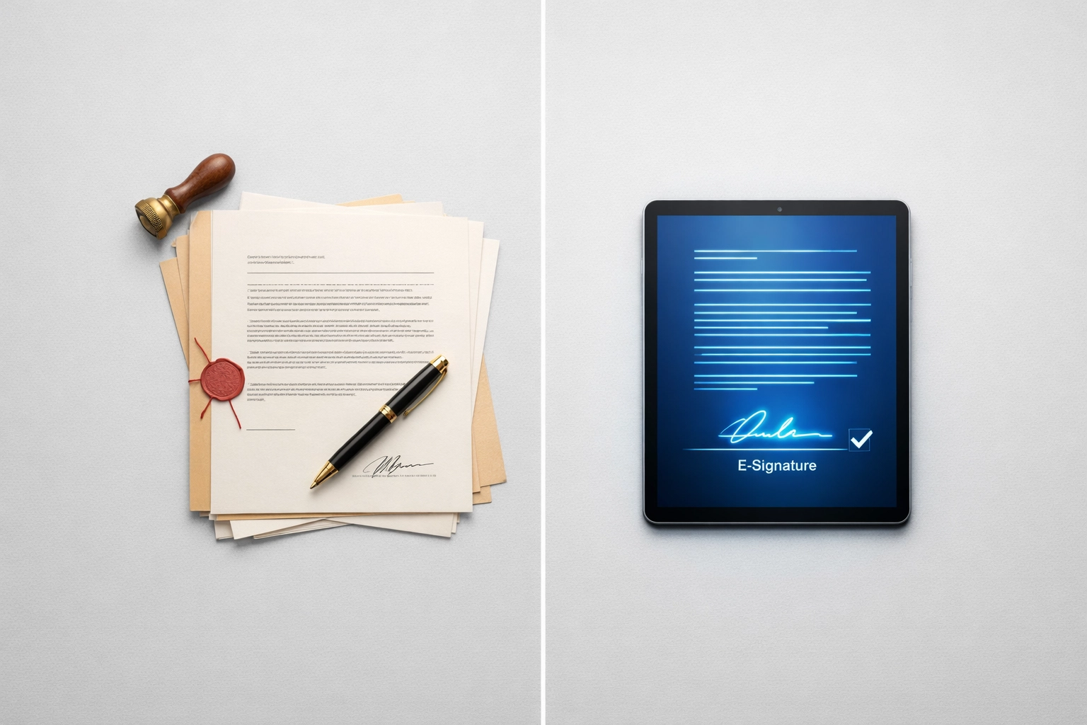 Paper documents with notary stamp compared to digital tablet showing electronic signature