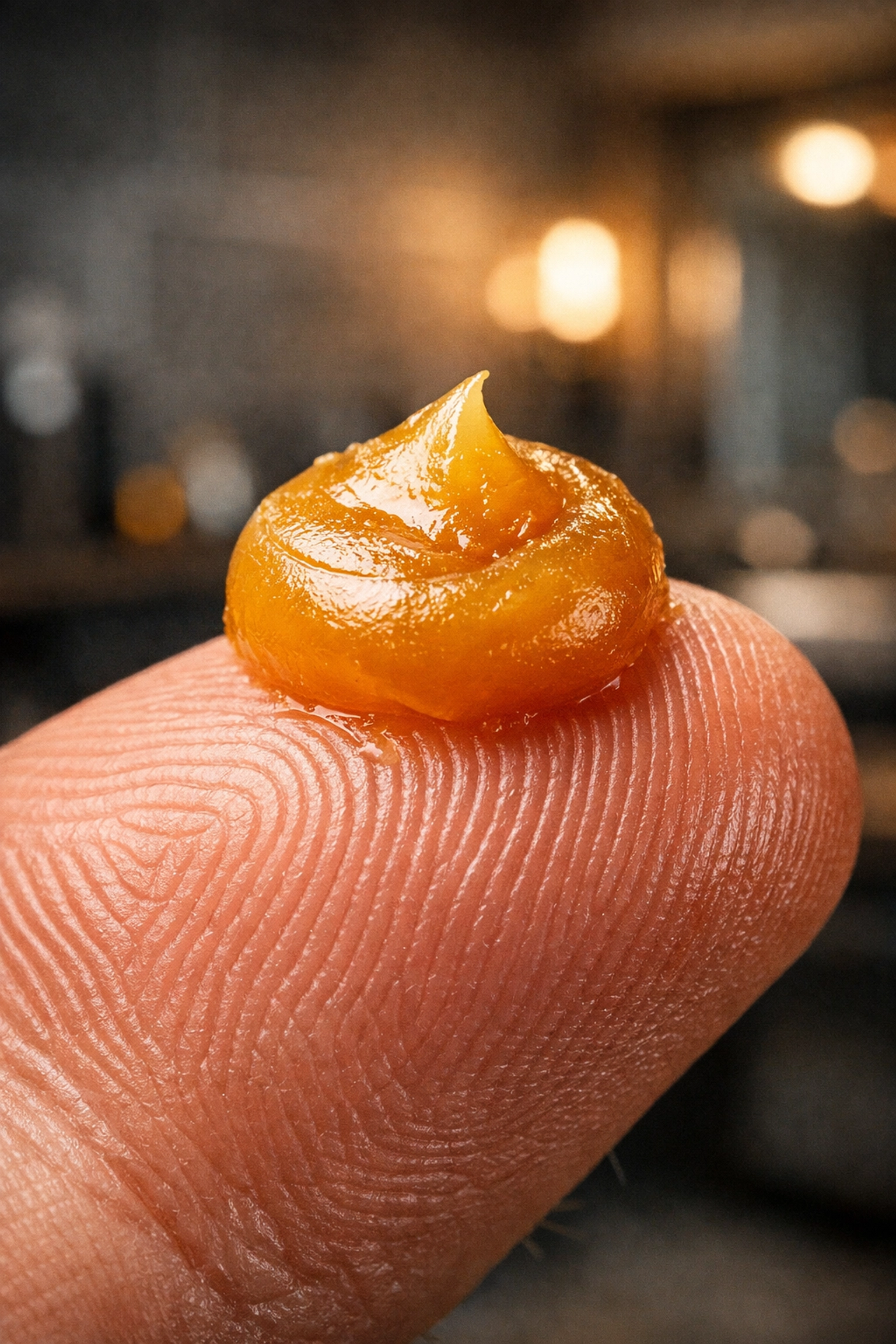A pea-sized amount of beeswax-based beard wax on a fingertip for precise styling and hold.