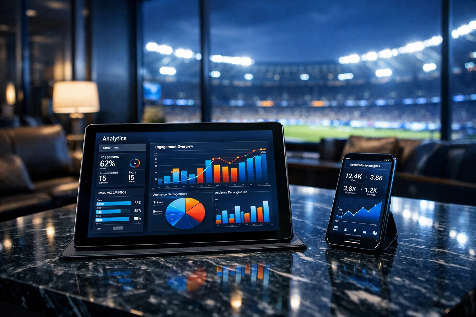 Digital sports marketing analytics on a tablet inside a high-end athlete management office.