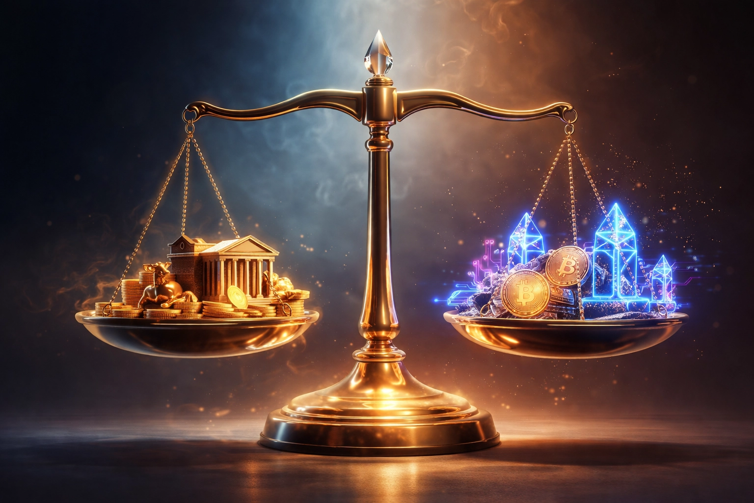 Balanced scale holding traditional and digital assets, representing dynamic diversification in modern investment portfolios.