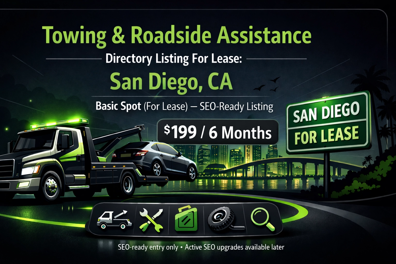 [HERO] Towing & Roadside Assistance Directory Listing For Lease: San Diego, CA - USA Tow Pro Basic Spot (SEO-Ready)
