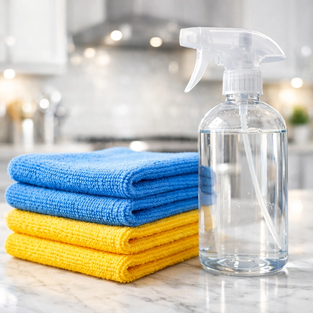 Non-toxic cleaning supplies and microfiber towels in a sparkling modern Stow MA kitchen.