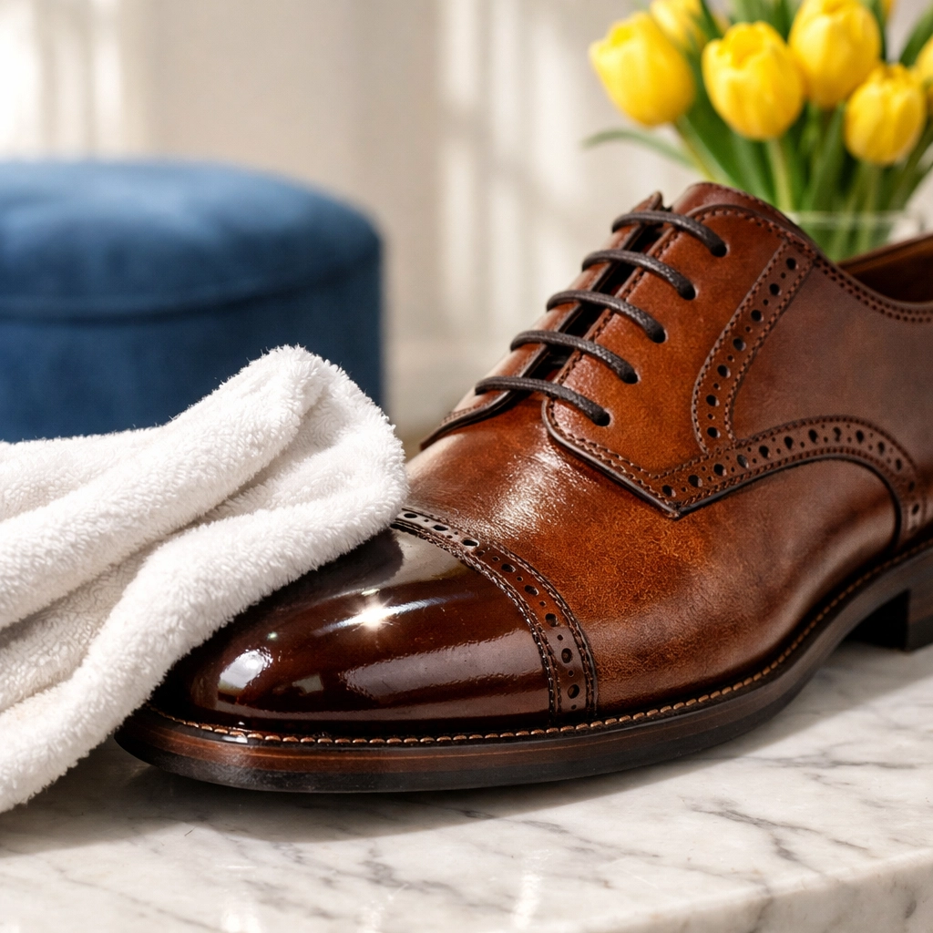 Polishing a luxury brown leather shoe with a white microfiber cloth for a high-gloss finish.