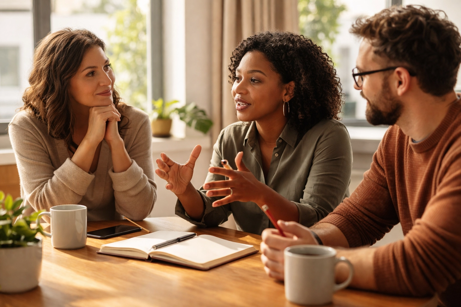 Leadership coaching session with mentors helping a leader discover blind spots